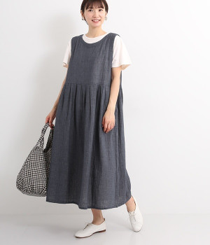 チェックダブルガーゼ　ジャンパースカート(ネイビー-ONESIZE)