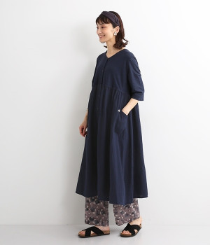 ダブルガーゼ×天竺　切替Vネックワンピース(藍-ONESIZE)