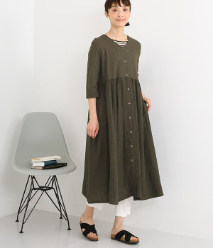 ダブルガーゼ×天竺　切替Vネックワンピース(墨黒-ONESIZE)