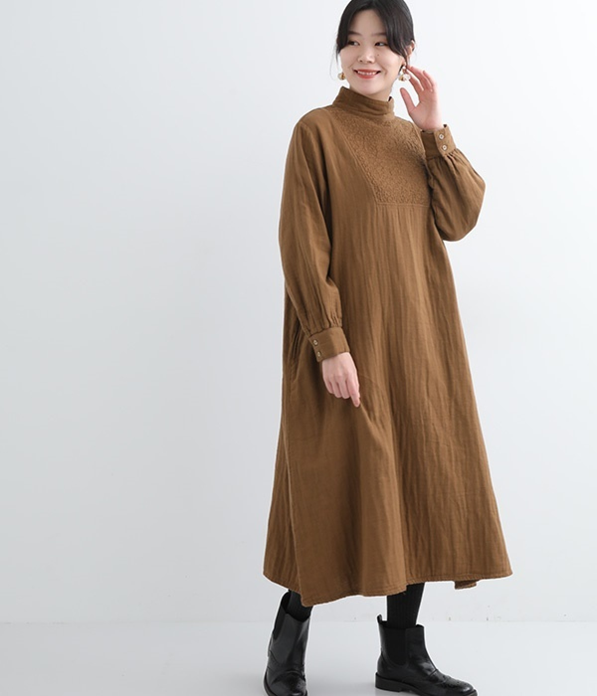 トリプルガーゼ　胸切替えワンピース(茶-ONESIZE)