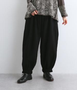 ダブルガーゼ　裾レースパンツ(ブラック-F)