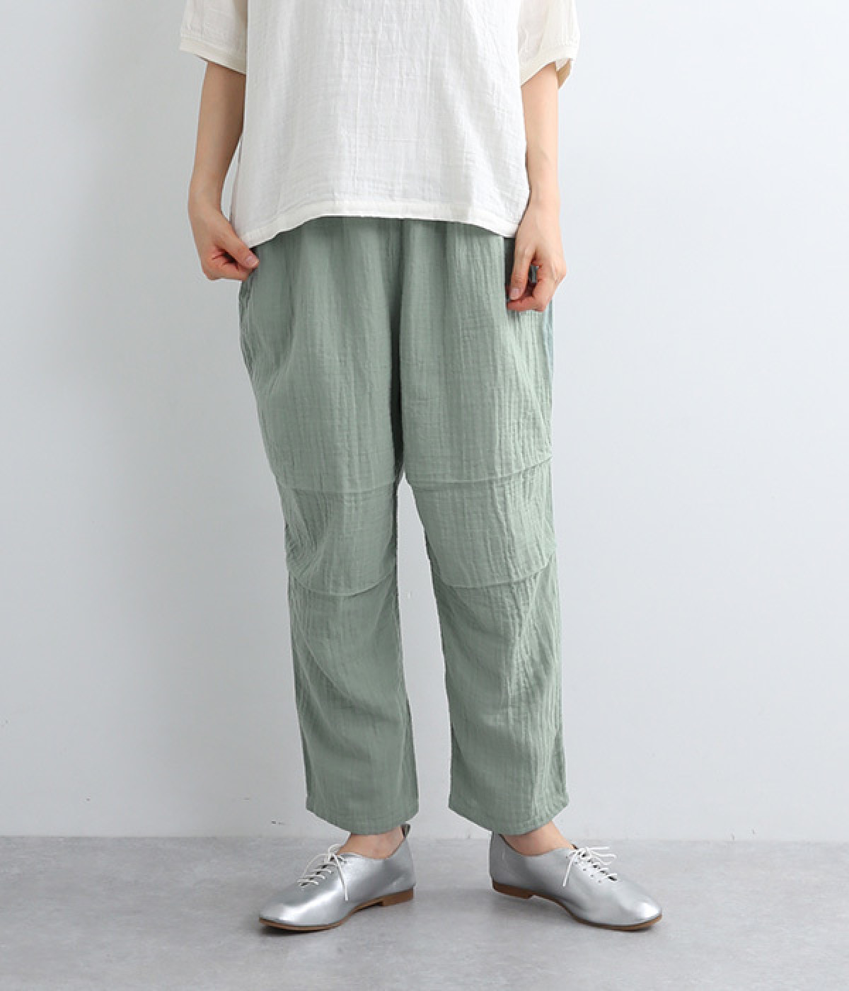 Wガーゼ　ひざタックパンツ(ミントグレー-ONESIZE)
