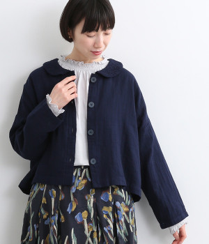 ダブルガーゼ　ショートブラウス(藍-ONESIZE)