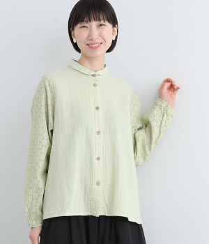 ダブルガーゼ　袖レースブラウス(ピスタチオ-ONESIZE)