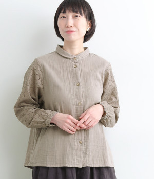 ダブルガーゼ　袖レースブラウス(グレー-ONESIZE)