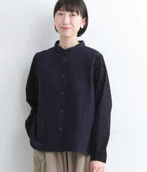 ダブルガーゼ　袖レースブラウス(藍-ONESIZE)