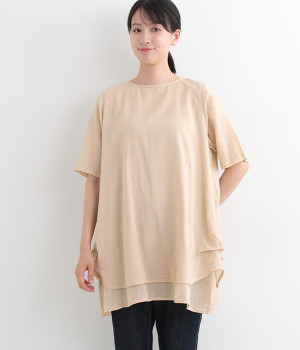 シングルガーゼ　2枚重ねチュニック(ピンクベージュ-ONESIZE)