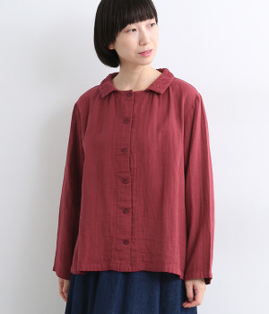 ダブルガーゼ襟刺しゅうスクエアーブラウス(ワイン-ONESIZE)