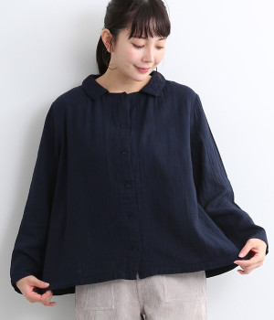 ダブルガーゼ襟刺しゅうスクエアーブラウス(藍-ONESIZE)