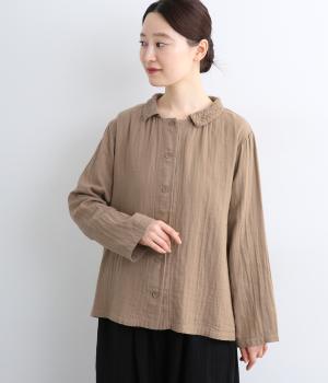 ダブルガーゼ襟刺しゅうスクエアーブラウス(モカチャ-F)