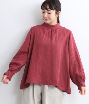 ダブルガーゼハイネックギャザープルオーバー(ワイン-ONESIZE)