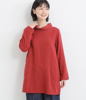 トリプルガーゼロールカラーチュニック(レッド-ONESIZE)