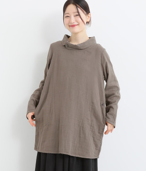 トリプルガーゼロールカラーチュニック(ダークグレー-ONESIZE)