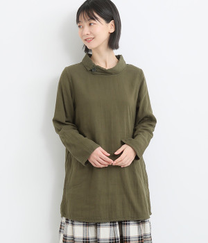 トリプルガーゼロールカラーチュニック(カーキ-ONESIZE)