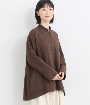 トリプルガーゼスタンドカラーブラウス(こげ茶-ONESIZE)