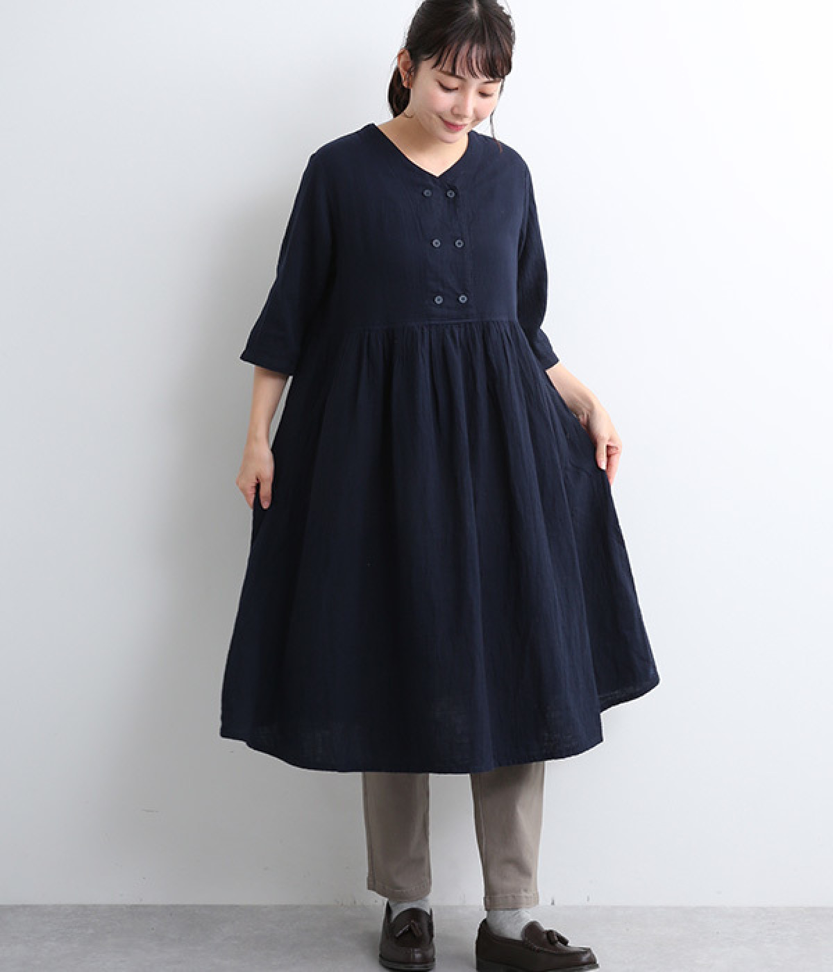 ダブルガーゼダブル釦ワンピース(藍-ONESIZE)