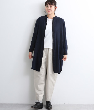 ダブルガーゼバンドカラー前開きワンピース(藍-ONESIZE)