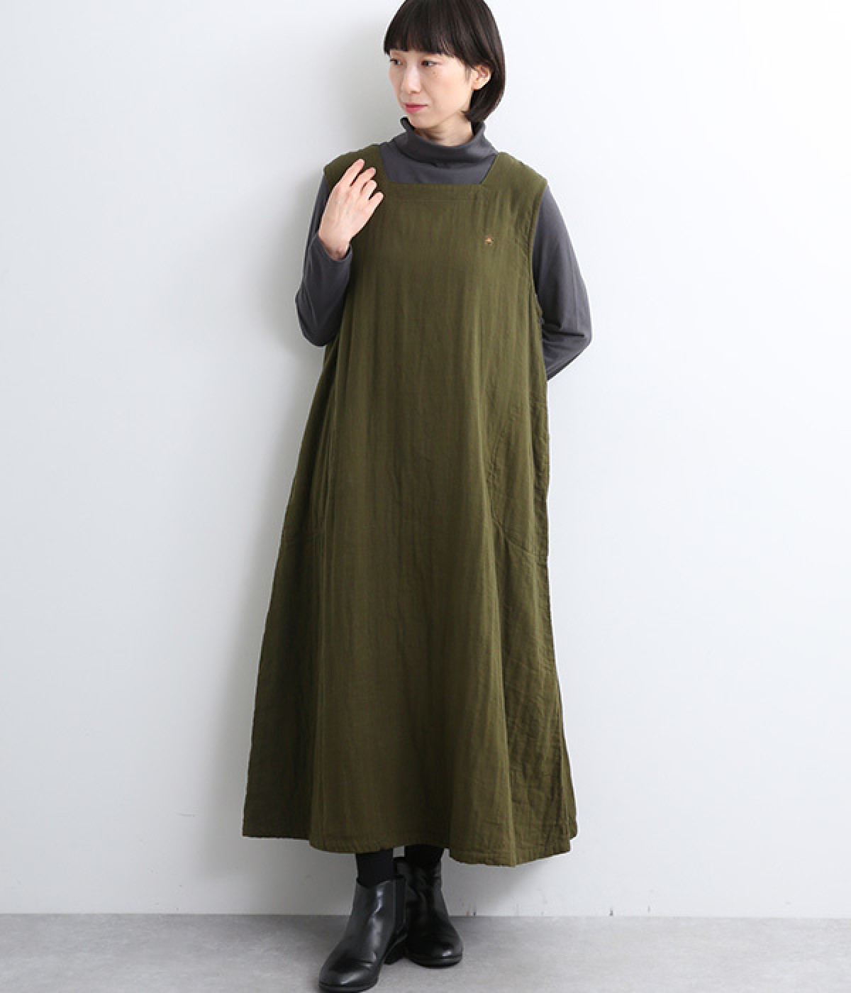 トリプルガーゼスクエアージャンパースカート(カーキ-ONESIZE)