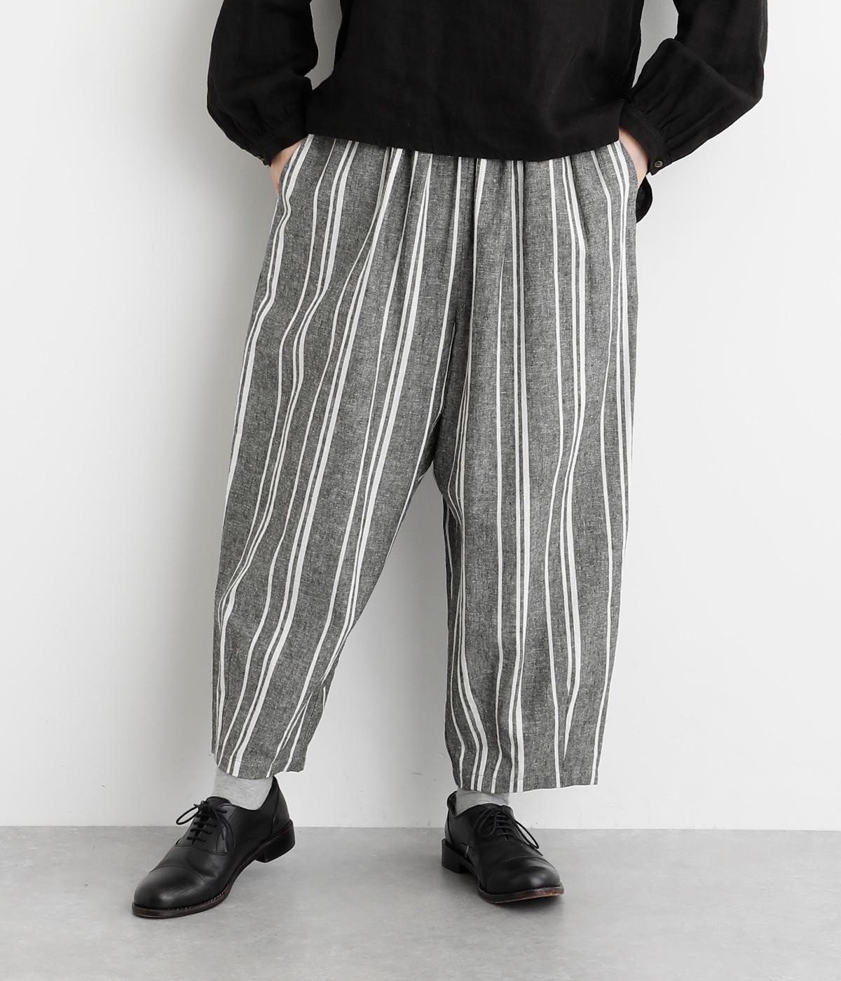 コットンリネンストライプパンツ(グレー-ONESIZE)