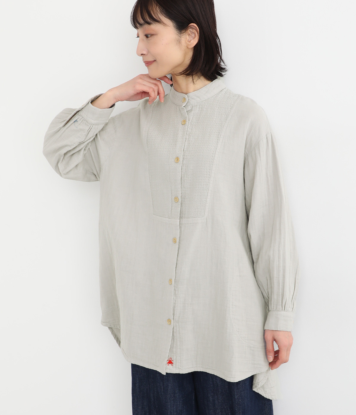 コットンWガーゼ胸切替チュニックブラウス(ライトグレー-ONESIZE)