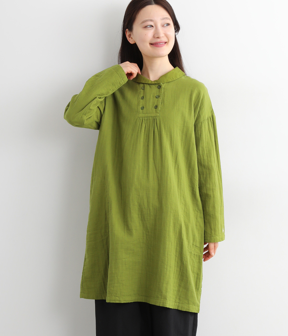 コットンＷガーゼショールカラーチュニック(ライトグリーン-ONESIZE)