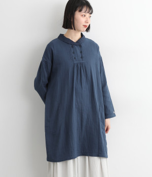 コットンＷガーゼショールカラーチュニック(夏藍-ONESIZE)
