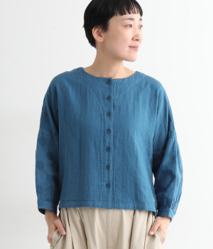 コットンWガーゼ袖切替ブラウス(ブルー-ONESIZE)