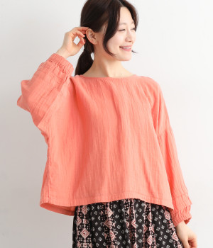 ダブルガーゼ　袖タックショートプルオーバー(コーラルピンク-ONESIZE)