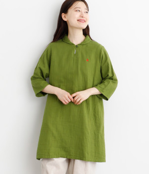 コットンWガーゼ刺繍襟チュニック(ライトグリーン-ONESIZE)