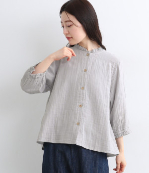Wガーゼ襟ギャザー7分袖ゴムブラウス(ライトグレー-ONESIZE)