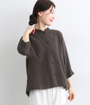 Wガーゼ襟ギャザー7分袖ゴムブラウス(スミクロ-ONESIZE)