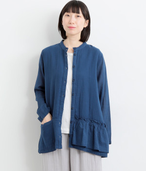 Wガーゼ×シングルガーゼ裾フリル＆ポケットバンドカラーブラウス(夏藍-ONESIZE)