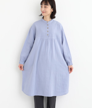 コットンWガーゼバンドカラーワンピース(青フジ-ONESIZE)