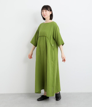 Wガーゼ胸切替襟後ろゴムワンピース(ライトグリーン-ONESIZE)