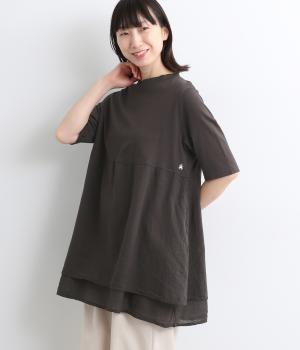 コットンシングルガーゼ×天竺切替チュニック(墨黒-ONESIZE)