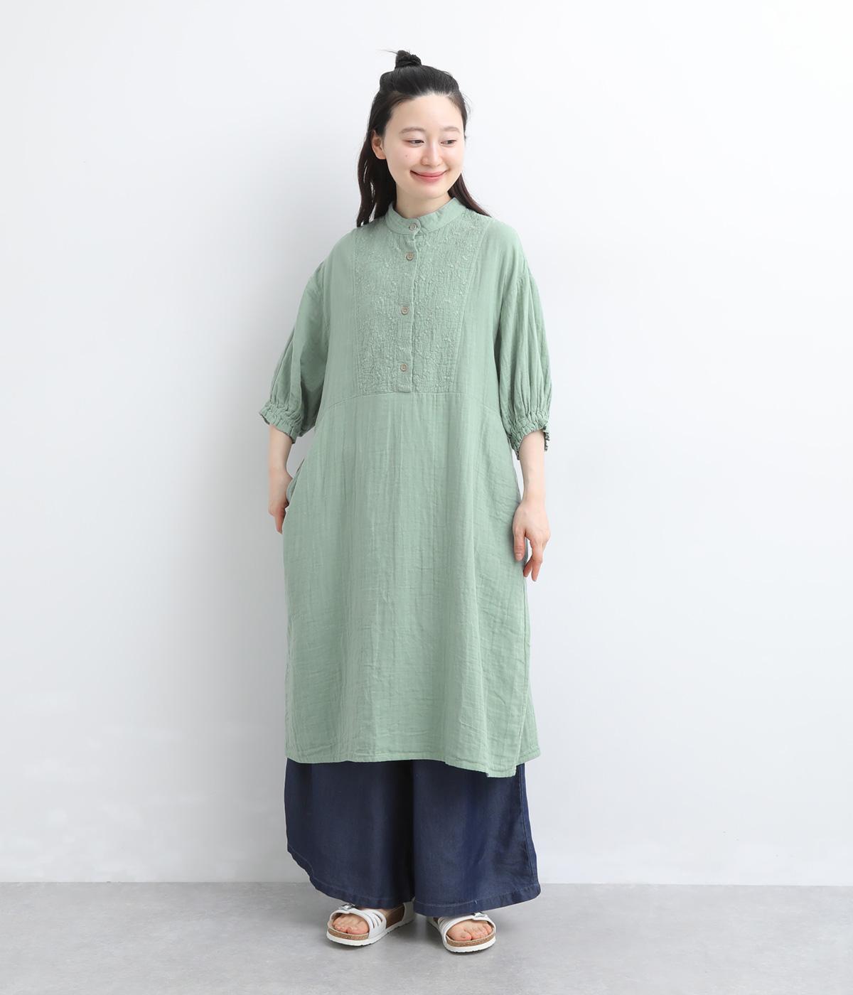 ダブルガーゼ　ヨーク切替ワンピース(ミントグレー-F)