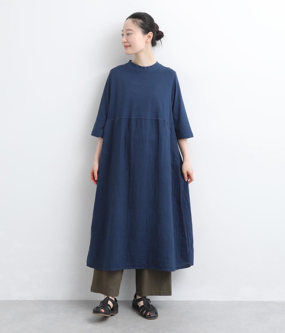 ダブルガーゼ×天竺　七分袖ワンピース(夏藍-F)