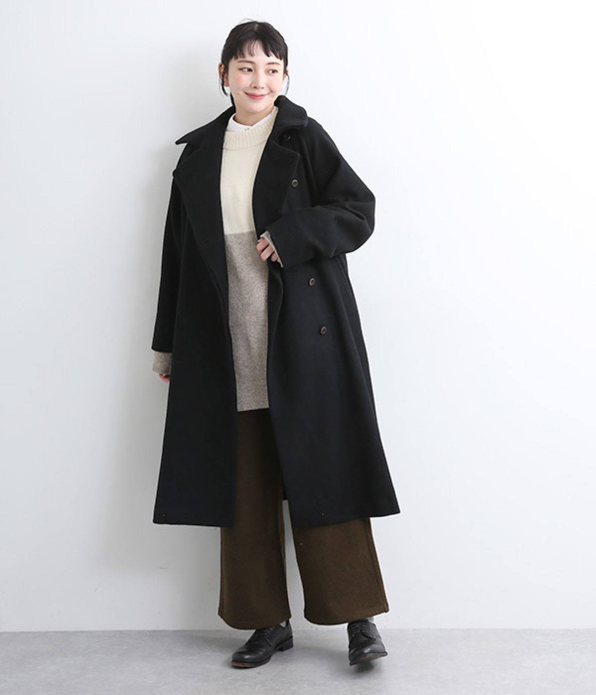 スペリオルメルトンハイネックスタンドカラーロングコート(ブラック-ONESIZE)