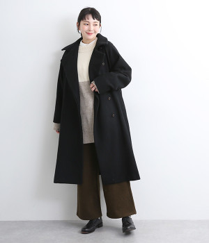 スペリオルメルトンハイネックスタンドカラーロングコート(ブラック-ONESIZE)
