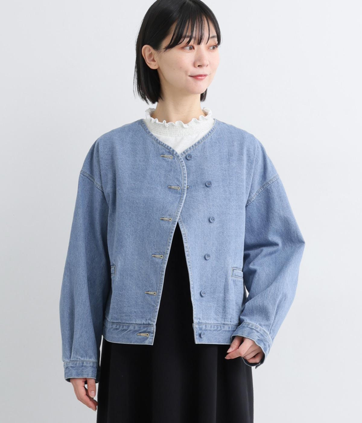 10ozデニムノーカラージャケット(ブリーチ-F)