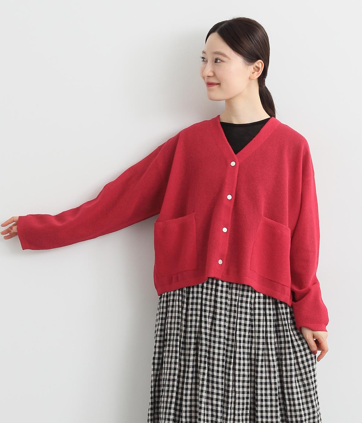 リネンコットンダブルジャカードカーディガン(レッド-ONESIZE)