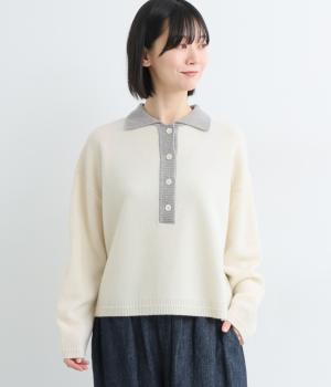 NEW　ENGLANDメリノウール天竺配色ニットポロ(オフ-F)