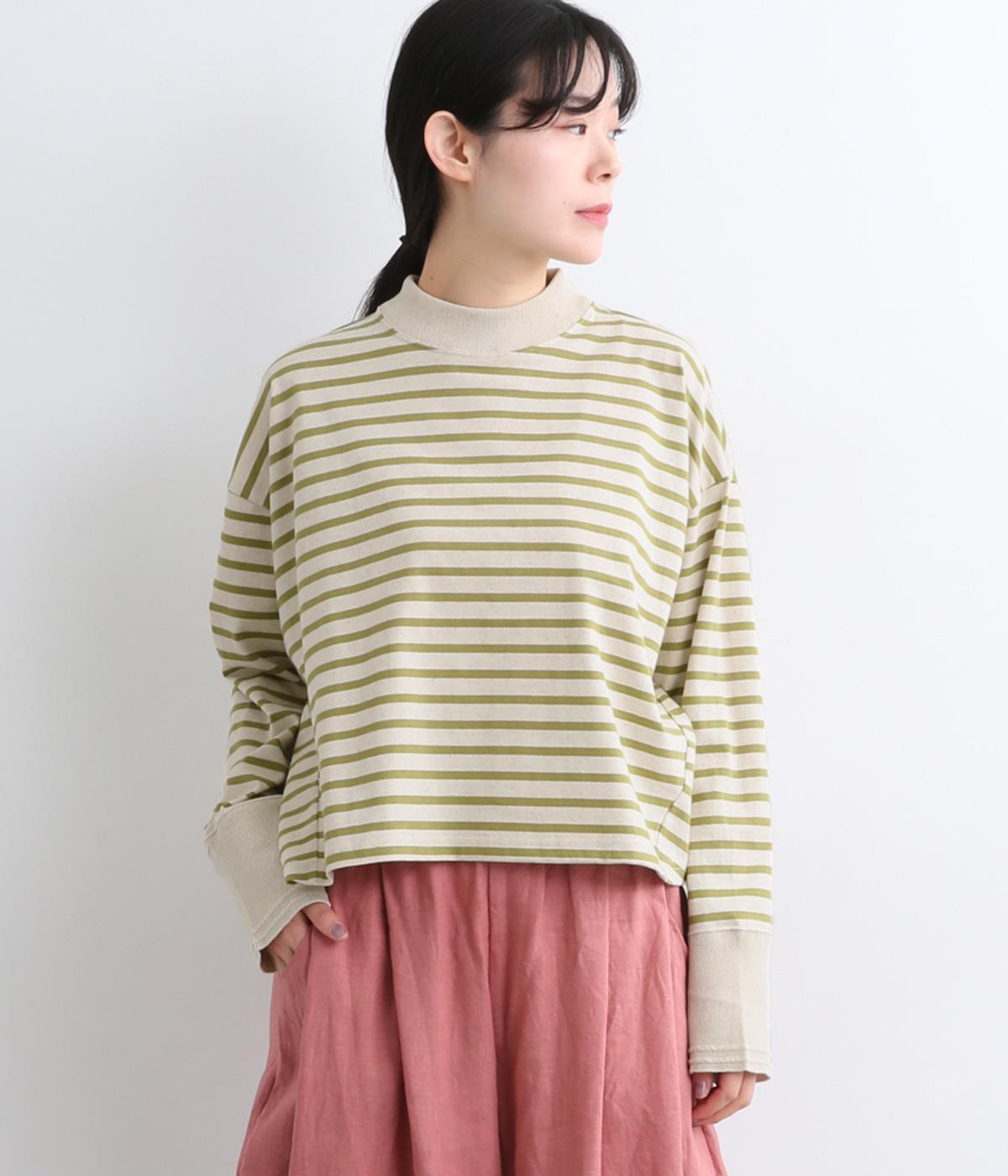 コットンリネン天竺ボーダープルオーバー(グリーンボーダー-F)