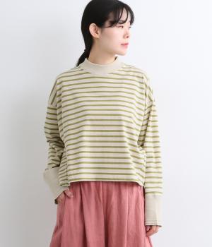 コットンリネン天竺ボーダープルオーバー(グリーンボーダー-F)