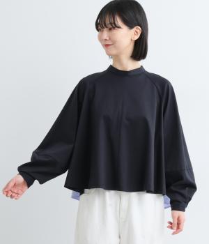コットンポンチ×布帛切替えフレアブラウス(ネイビー系-F)