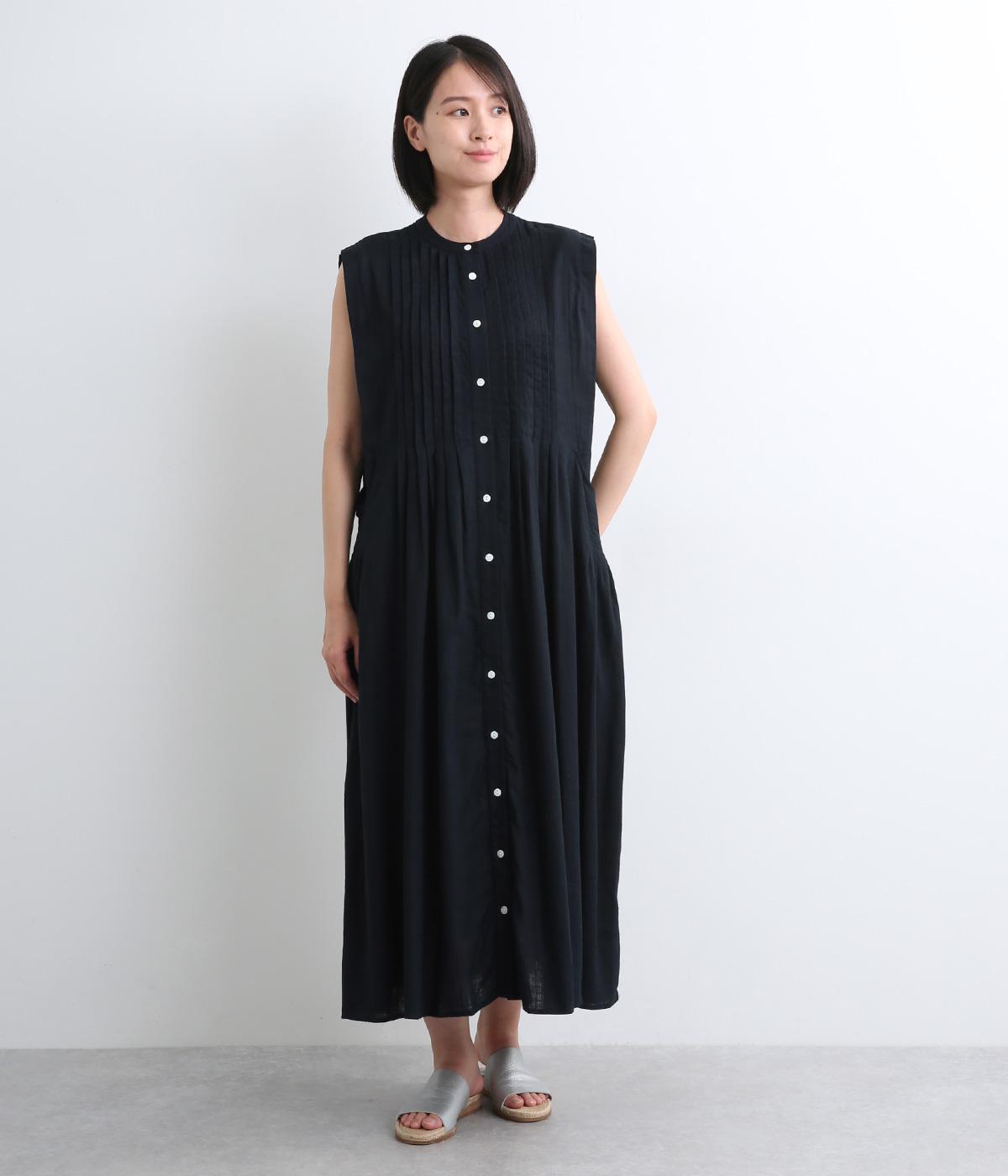 レーヨンリネンスラブ　タックワンピース(ネイビー-M)