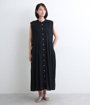 レーヨンリネンスラブ　タックワンピース(ネイビー-M)