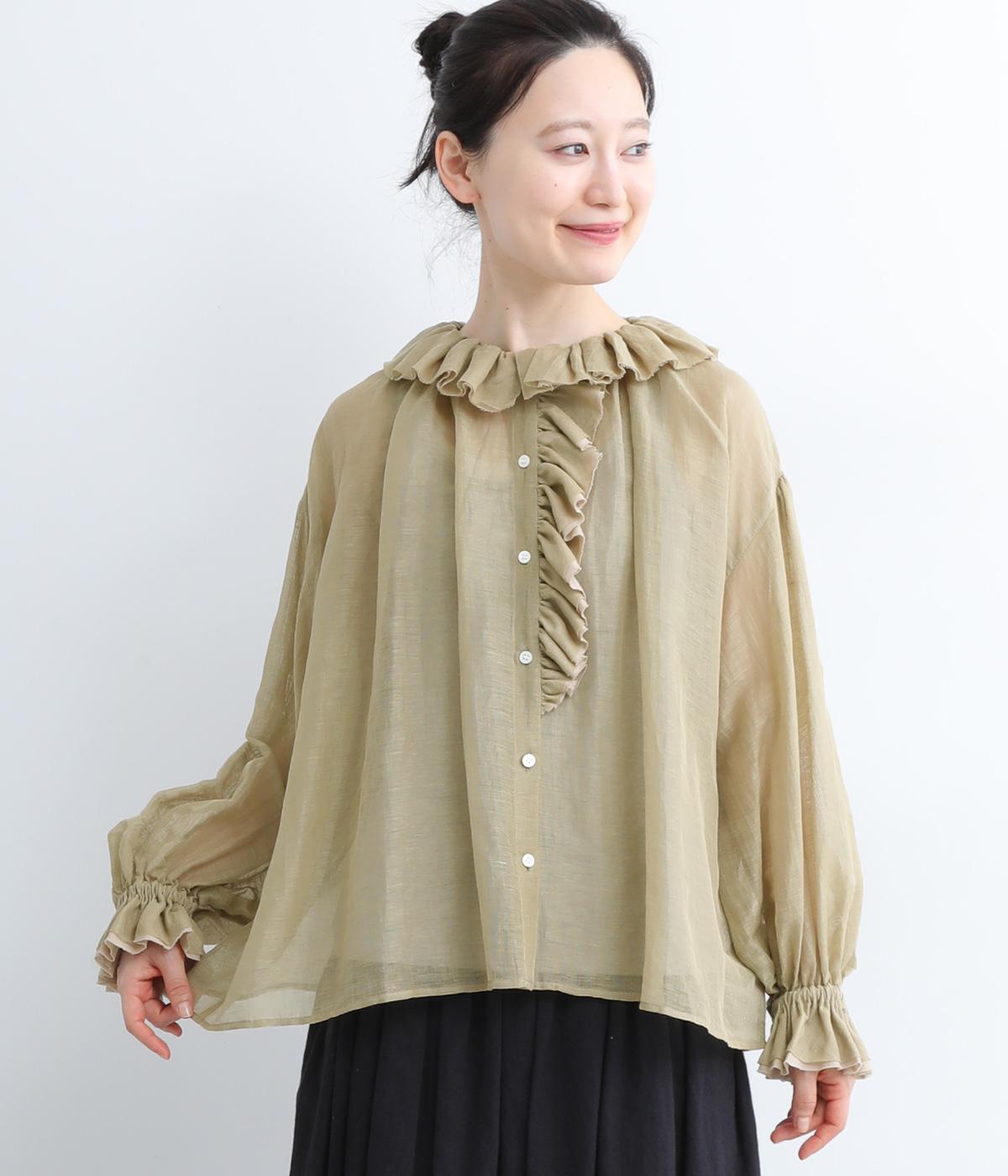 リネンポリエステル フリルギャザーブラウス(ベージュ-F)