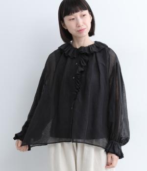 リネンポリエステル フリルギャザーブラウス(ブラック-F)