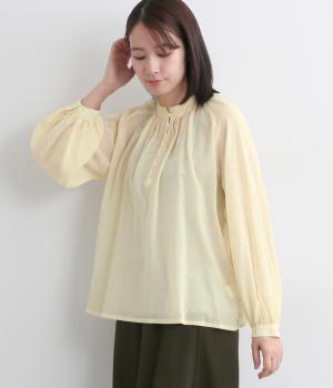 コットン強撚ボイル 襟タックギャザーブラウス(アイボリー-F)
